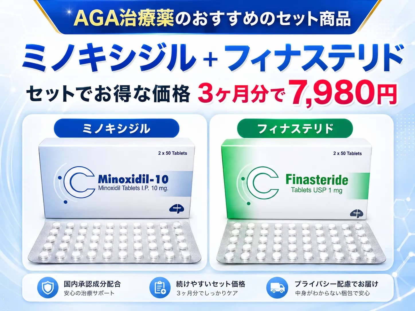 ミノキシジル+フィナステリド｜3ヶ月分 AGA治療薬のおすすめセット