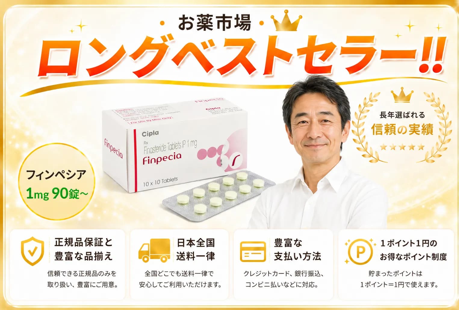 フィンペシア 1mg 90錠〜（3ヶ月分〜）男性型脱毛症（AGA）