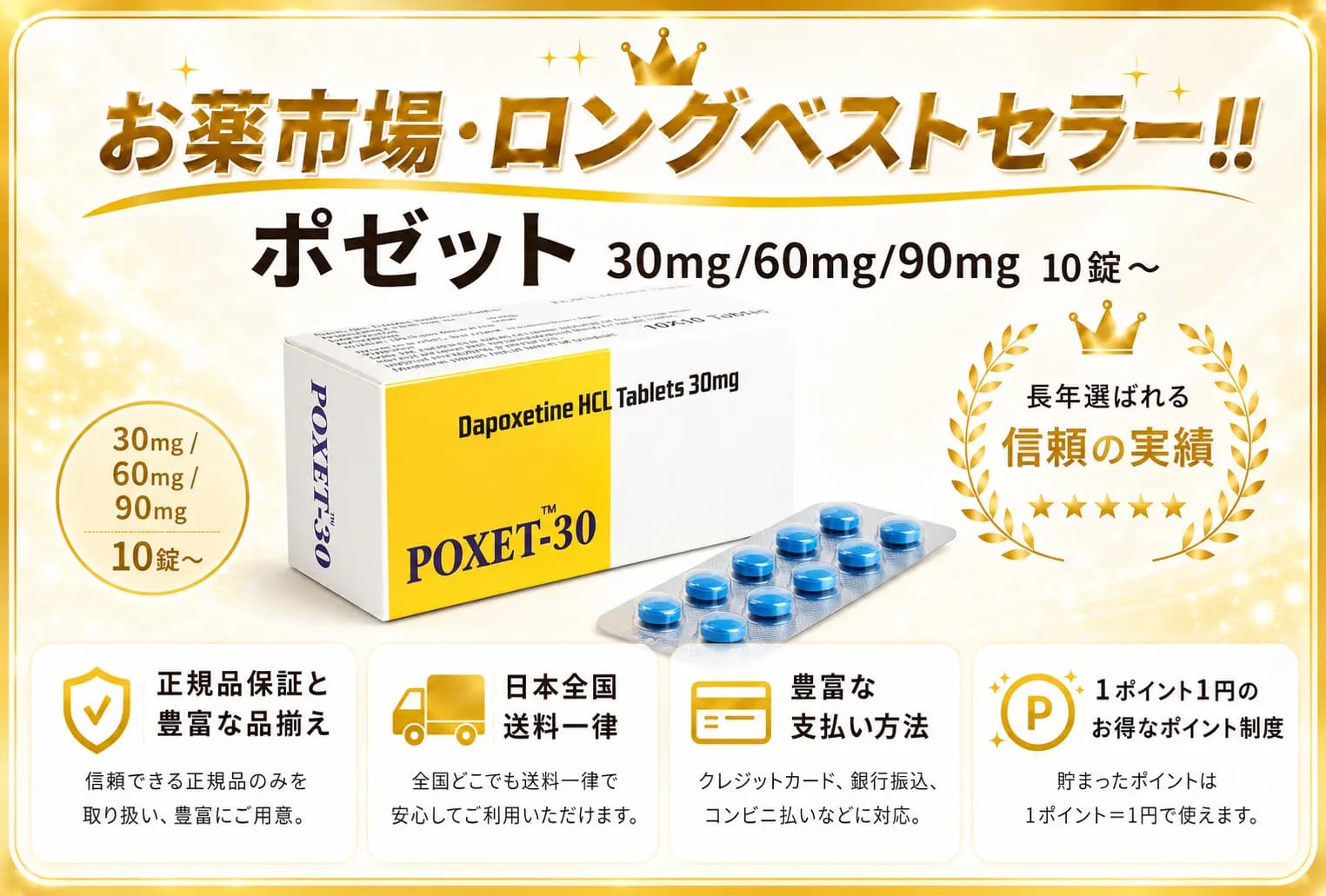 ポゼット 30mg/60mg/90mg 10錠〜｜射精時間を3〜4倍に延長し効果絶大の早漏防止薬