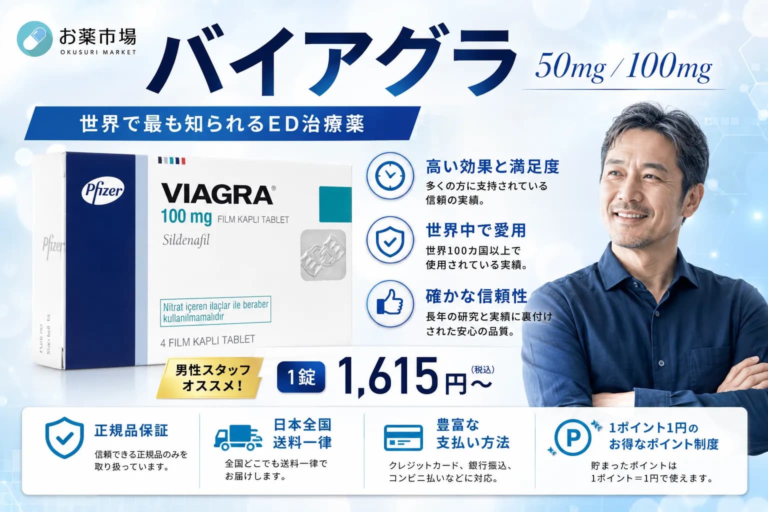 バイアグラ 50mg/100mg 4錠〜（一番有名なED治療薬）