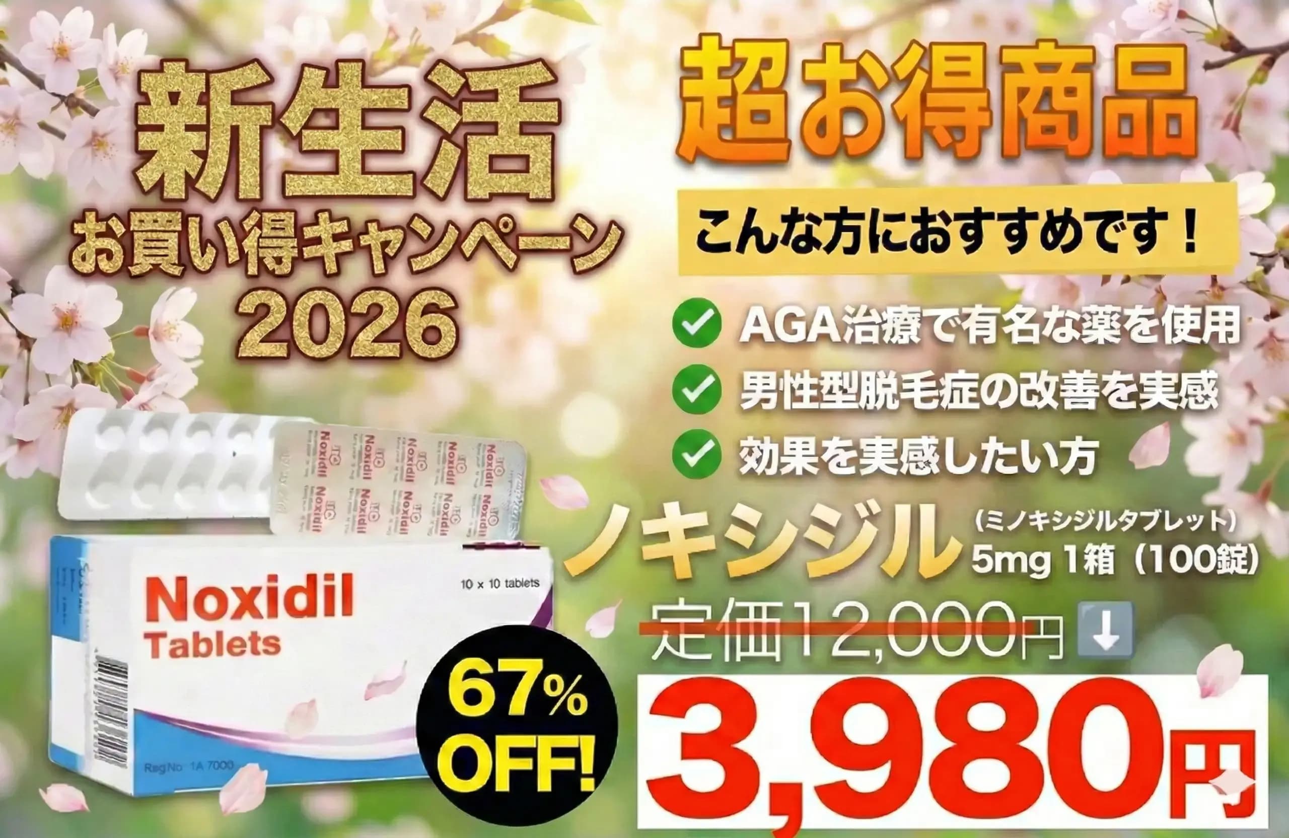 【新生活お買い得】ノキシジル5mg 1箱 100錠(ミノキシジルタブレット)