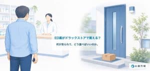 薬局のカウンターと自宅に届いた宅配の箱を並べたアイキャッチ画像