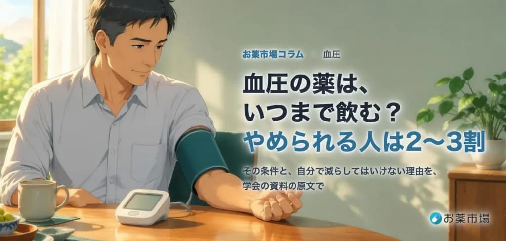 朝のダイニングで血圧計を腕に巻き、表示を見ている50代の男性のイラスト。血圧の薬はいつまで飲むのか
