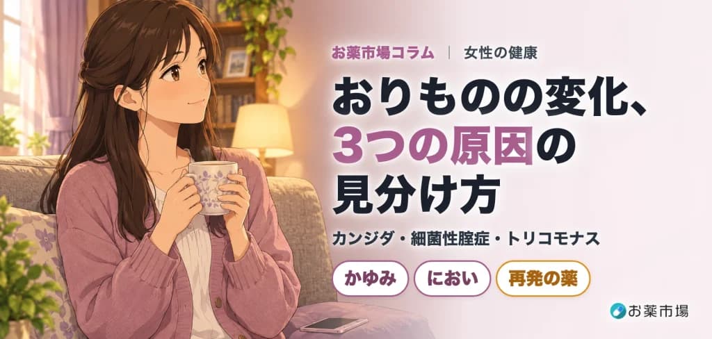マグカップを手にソファでくつろぐ女性のイラスト。おりものの変化、3つの原因の見分け方